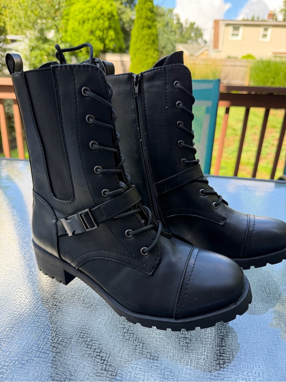 BAMBOO Black Lace-Up Military Style Combat Boots with Buckle Strap